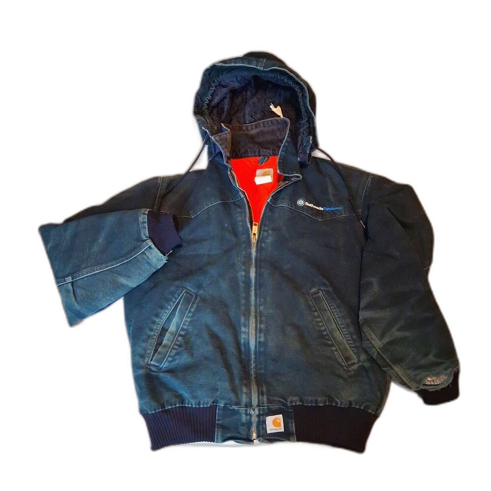 Vintage Carhartt Hooded Jacket J13 BLK Mens Medium Distressed 90s Bethesda Logo